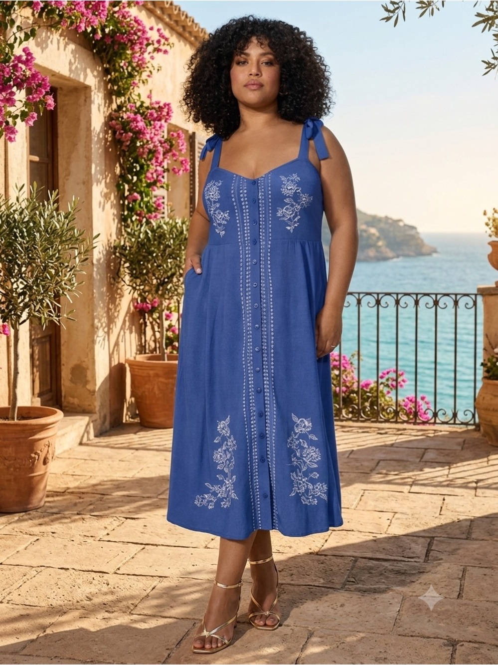 torrid Blue Embroidered Button-Front Tie-Shoulder Midi Dress